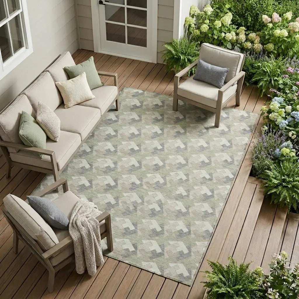 10' X 14' Green And Ivory Geometric Washable Indoor Outdoor Area Rug Homeroots Outdoor