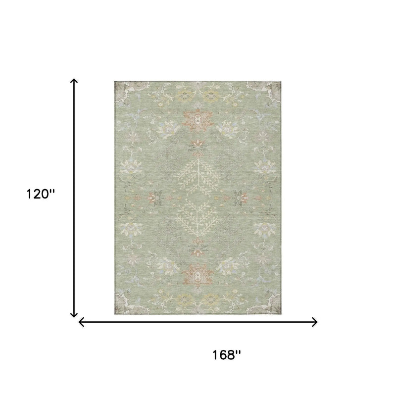 10' X 14' Green And Ivory Oriental Washable Indoor Outdoor Area Rug Homeroots Outdoor