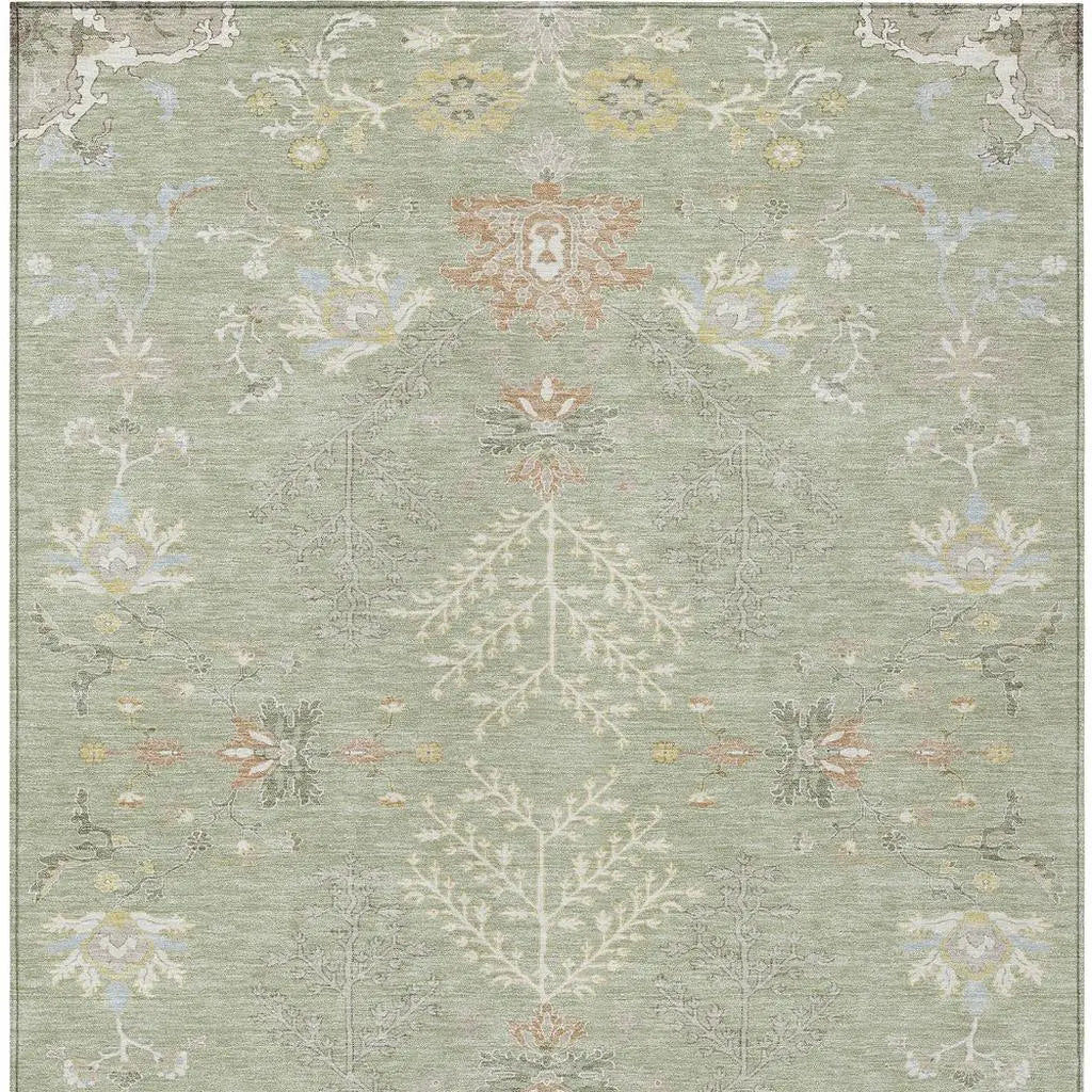 10' X 14' Green And Ivory Oriental Washable Indoor Outdoor Area Rug Homeroots Outdoor