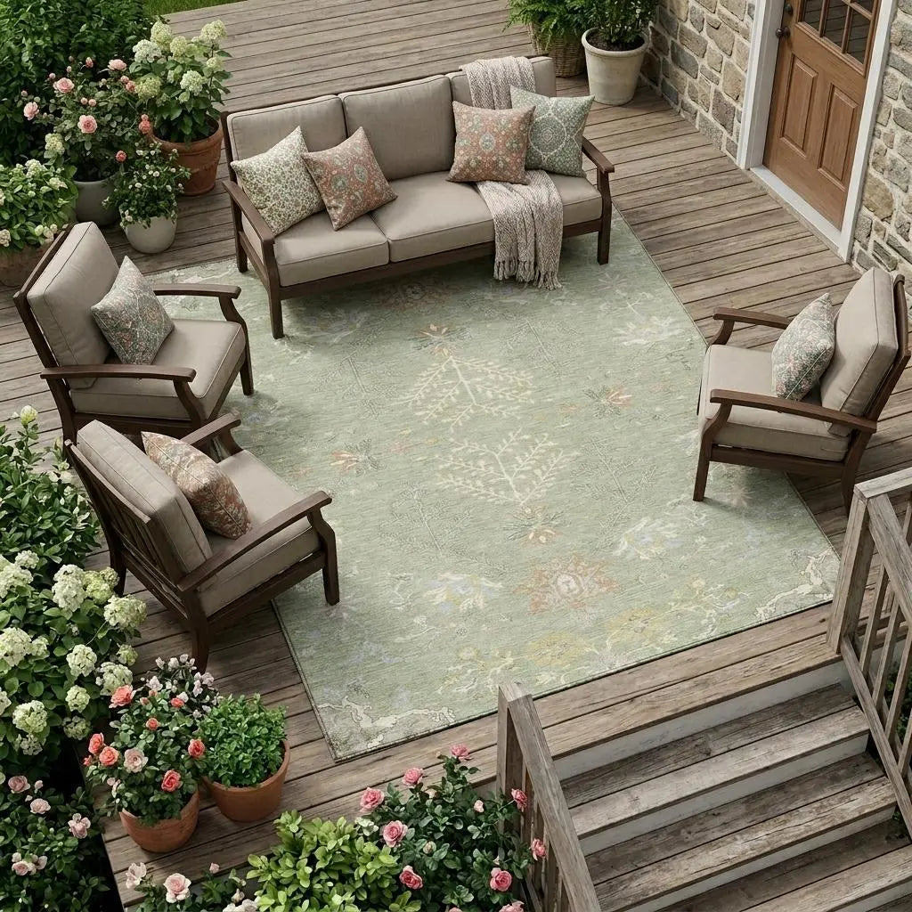 10' X 14' Green And Ivory Oriental Washable Indoor Outdoor Area Rug Homeroots Outdoor