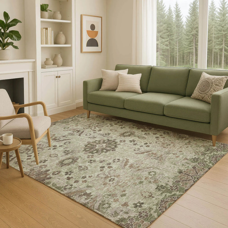 10' X 14' Green And Khaki Damask Washable Indoor Outdoor Area Rug Homeroots Outdoor