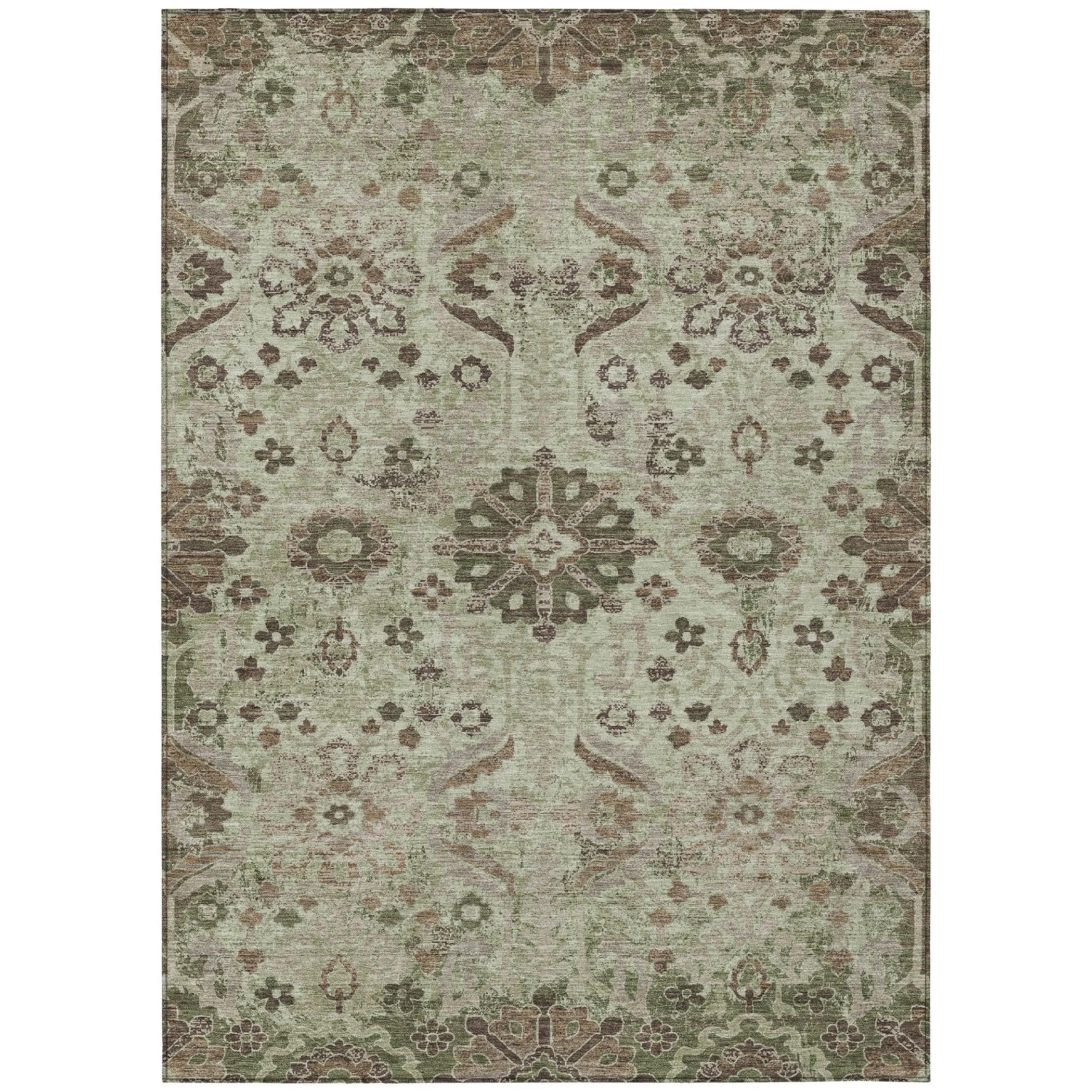 10' X 14' Green And Khaki Damask Washable Indoor Outdoor Area Rug Homeroots Outdoor
