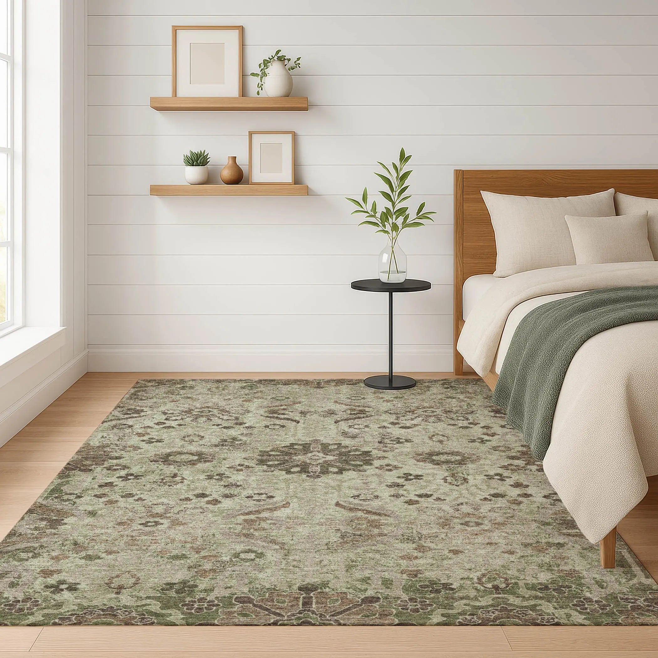 10' X 14' Green And Khaki Damask Washable Indoor Outdoor Area Rug Homeroots Outdoor