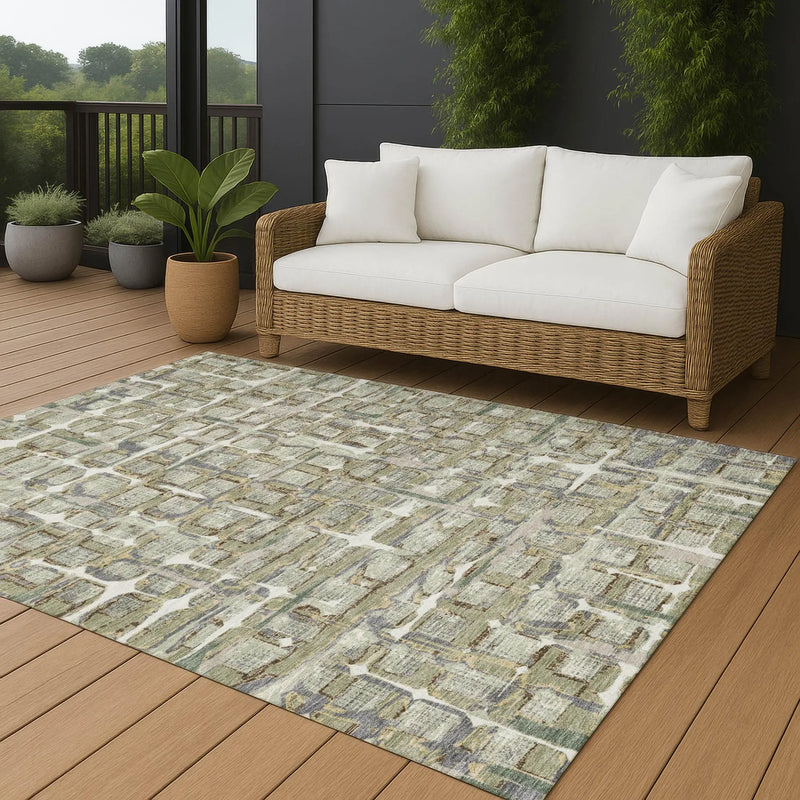 10' X 14' Green And Khaki Geometric Washable Indoor Outdoor Area Rug Homeroots Outdoor