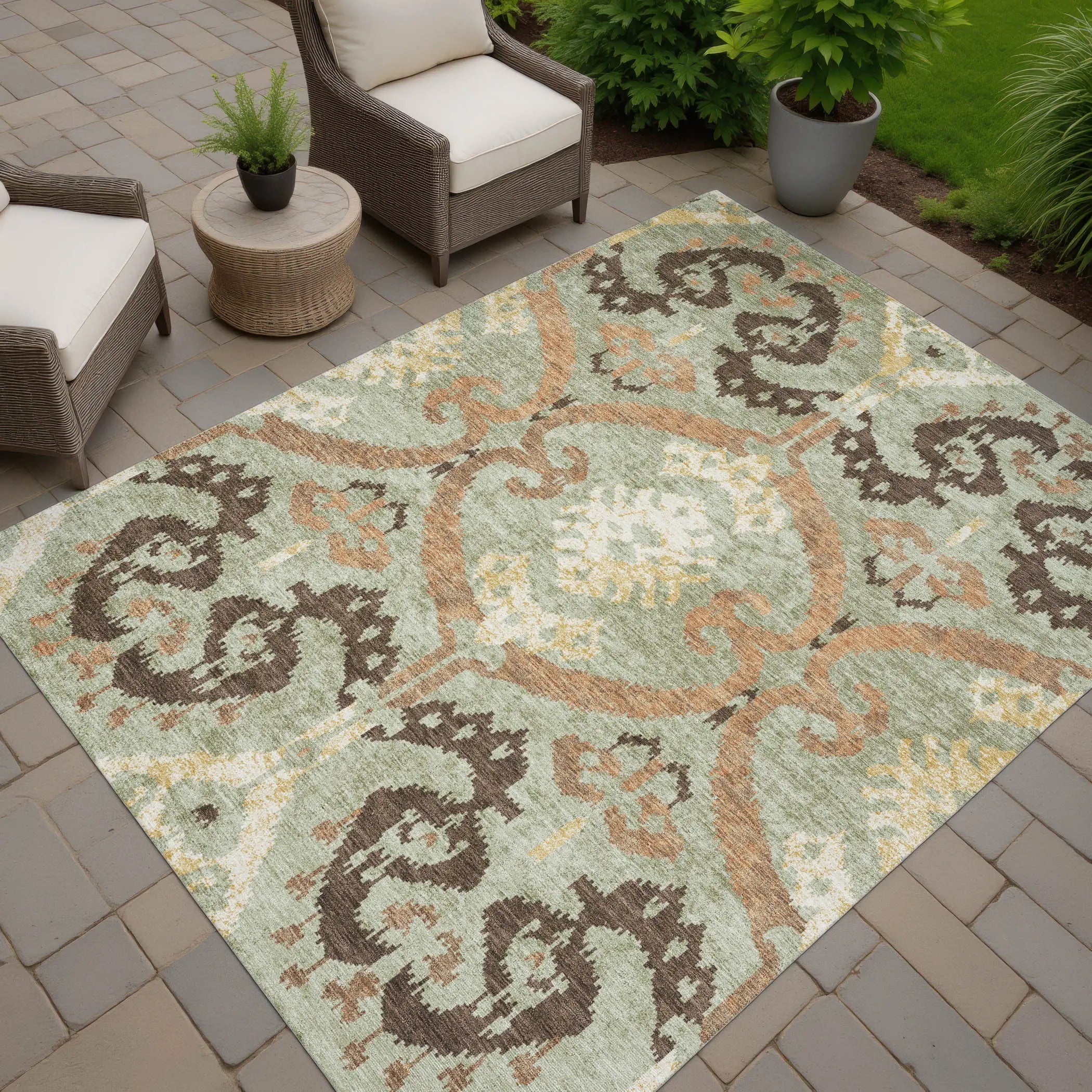 10' X 14' Green And Khaki Ikat Washable Indoor Outdoor Area Rug Homeroots Outdoor