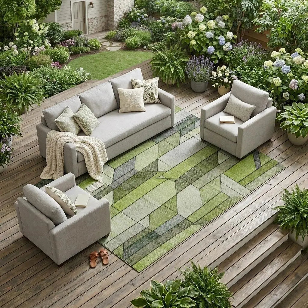 10' X 14' Green And Lime Green Geometric Washable Indoor Outdoor Area Rug Homeroots Outdoor