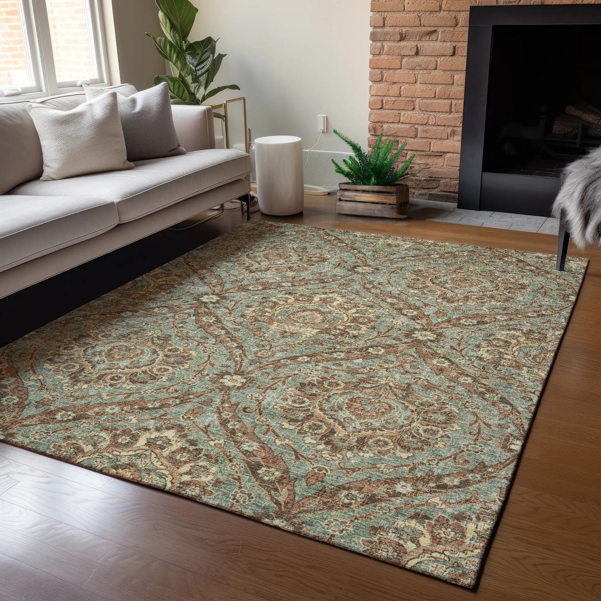 10' X 14' Green And Linen Floral Washable Indoor Outdoor Area Rug Homeroots Outdoor