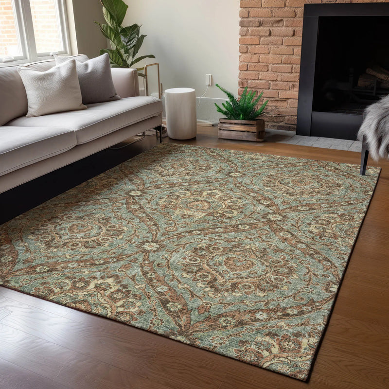 10' X 14' Green And Linen Floral Washable Indoor Outdoor Area Rug Homeroots Outdoor