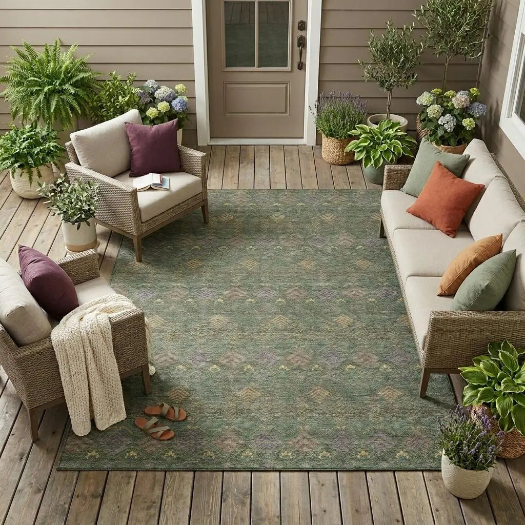 10' X 14' Green And Olive Green Geometric Washable Indoor Outdoor Area Rug Homeroots Outdoor