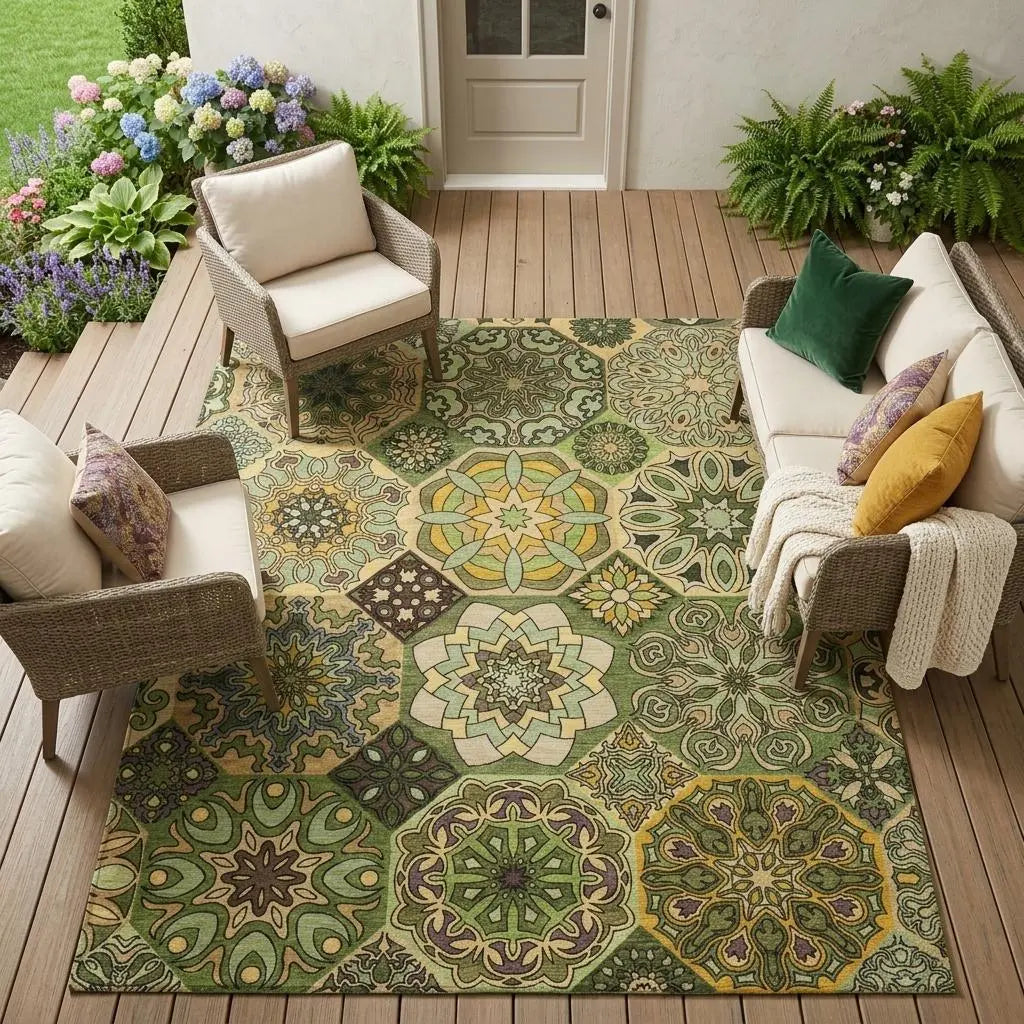10' X 14' Green And Olive Green Patchwork Washable Indoor Outdoor Area Rug Homeroots Outdoor