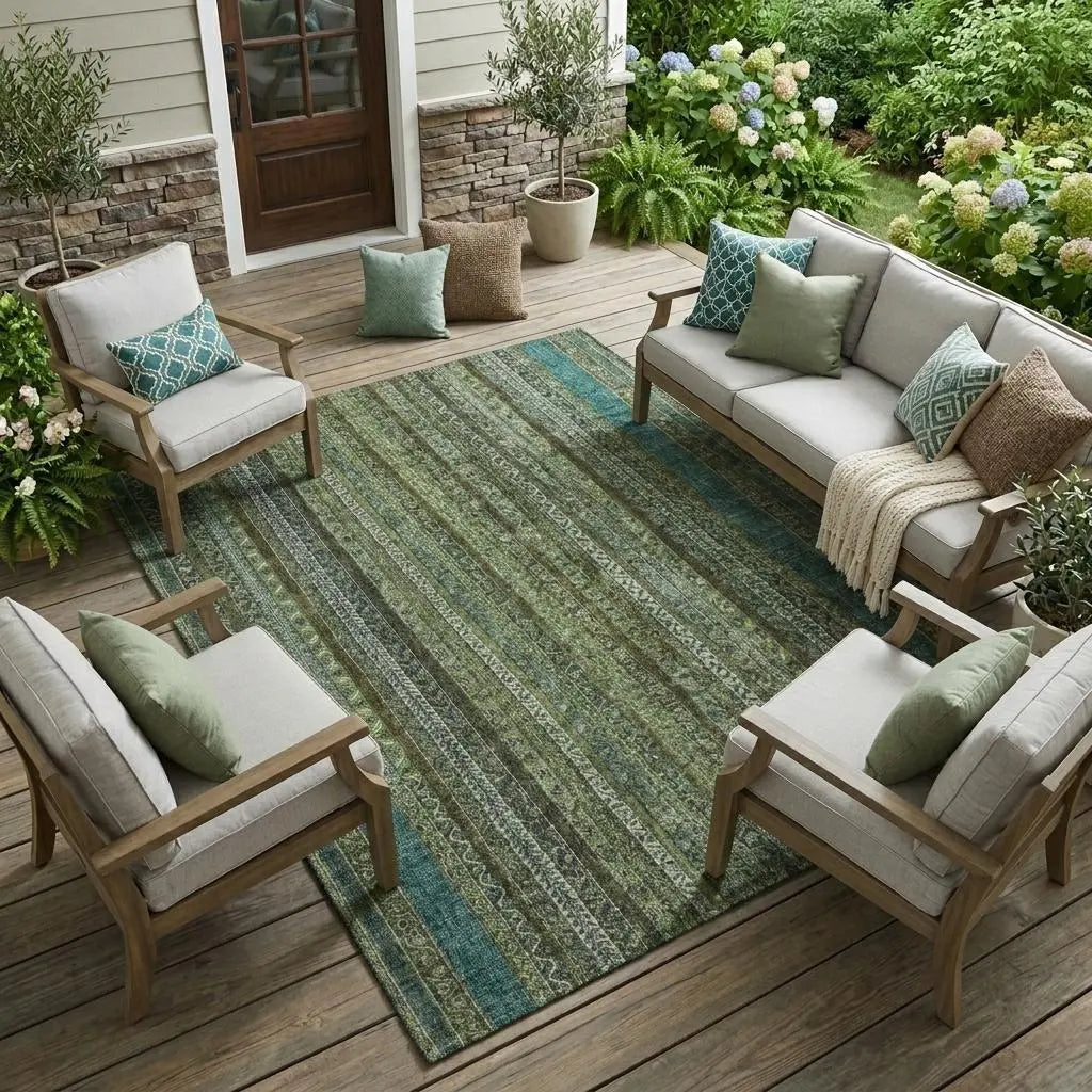 10' X 14' Green And Olive Green Striped Washable Indoor Outdoor Area Rug Homeroots Outdoor