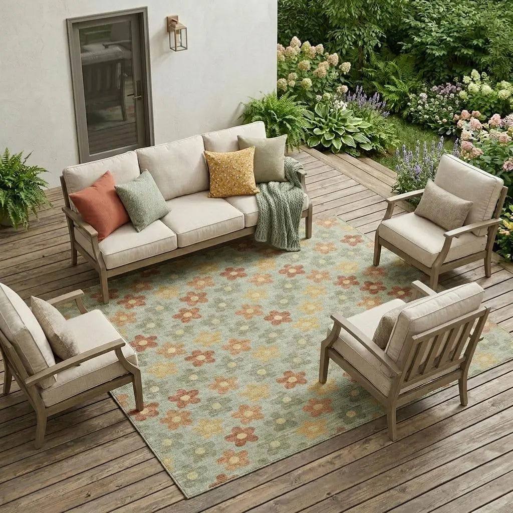 10' X 14' Green And Orange Floral Washable Indoor Outdoor Area Rug Homeroots Outdoor
