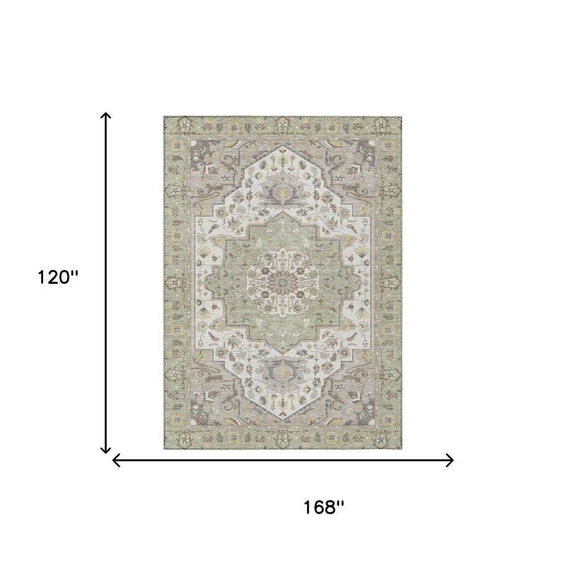 10' X 14' Green And Orange Oriental Washable Indoor Outdoor Area Rug Homeroots Outdoor