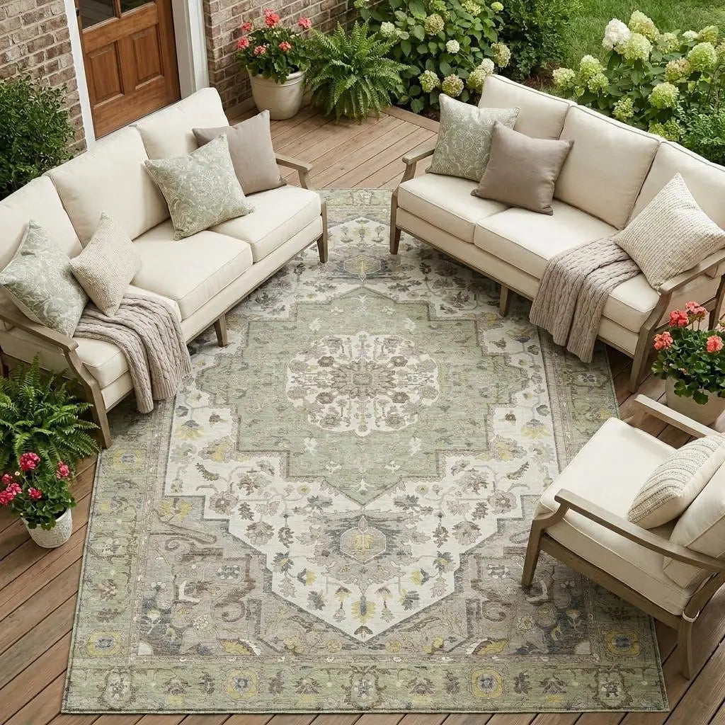 10' X 14' Green And Orange Oriental Washable Indoor Outdoor Area Rug Homeroots Outdoor
