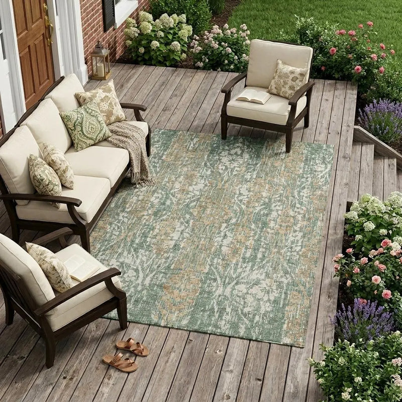 10' X 14' Green And Sage Damask Washable Indoor Outdoor Area Rug Homeroots Outdoor