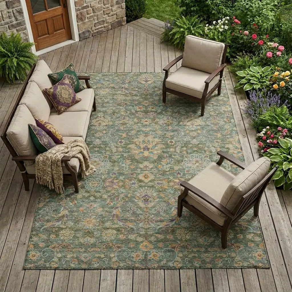 10' X 14' Green And Sage Floral Medallion Washable Indoor Outdoor Area Rug Homeroots Outdoor