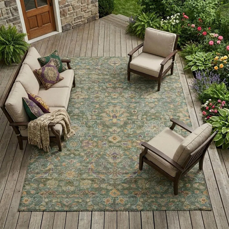 10' X 14' Green And Sage Floral Medallion Washable Indoor Outdoor Area Rug Homeroots Outdoor