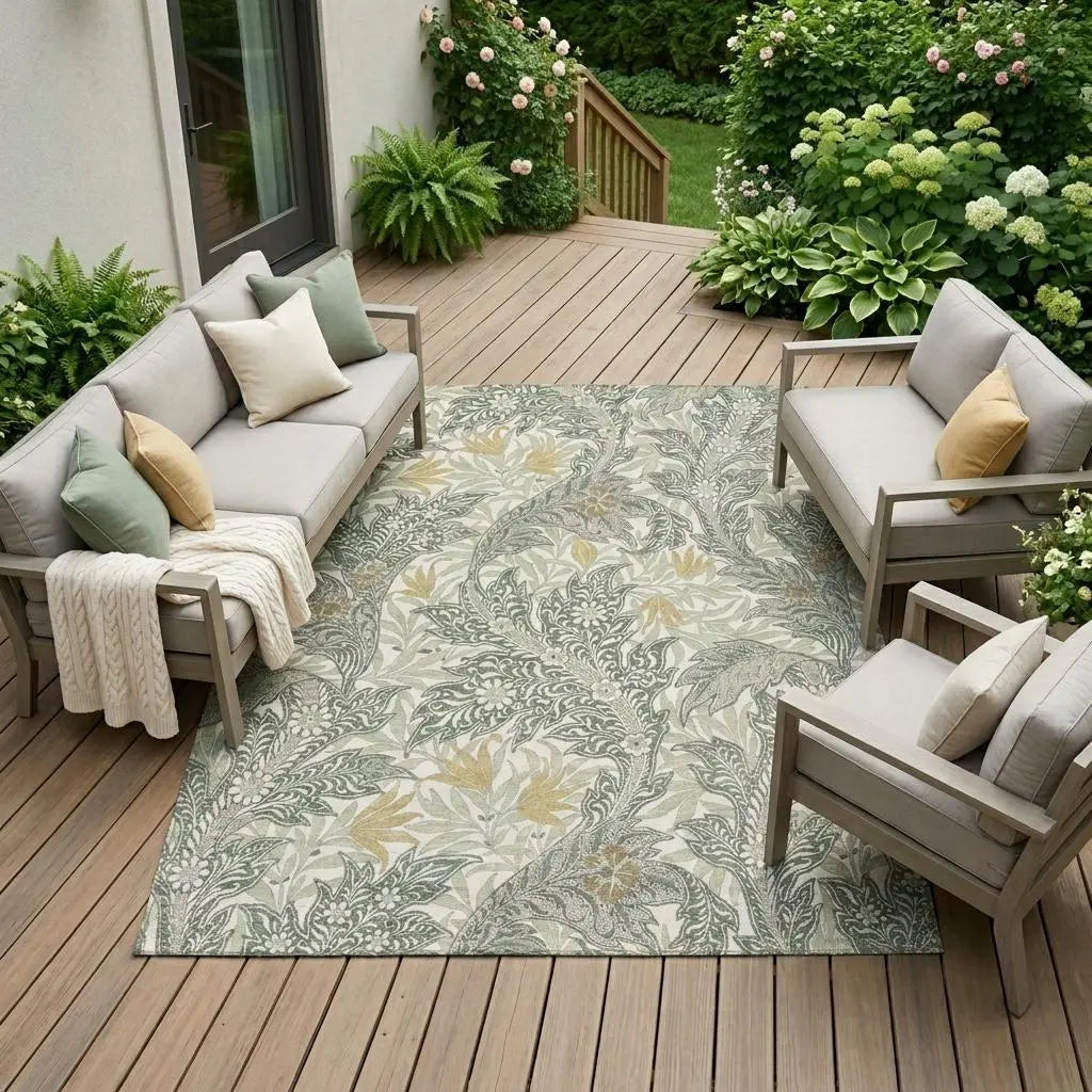 10' X 14' Green And Silver Botanical Leaves Washable Indoor Outdoor Area Rug Homeroots Outdoor