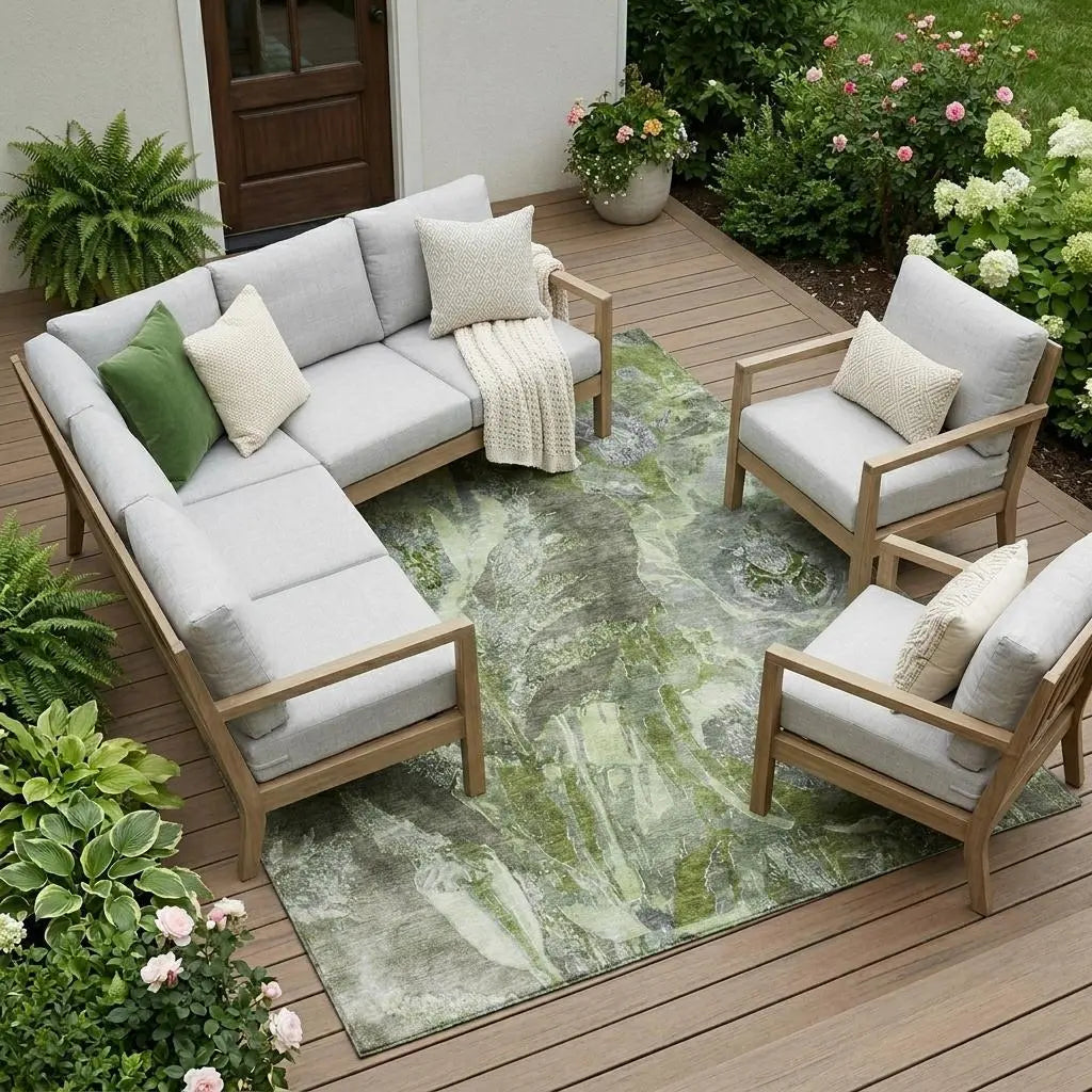10' X 14' Green And Silver Floral Washable Indoor Outdoor Area Rug Homeroots Outdoor