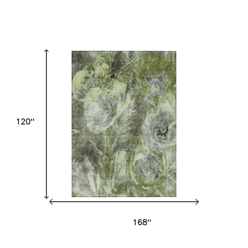 10' X 14' Green And Silver Floral Washable Indoor Outdoor Area Rug Homeroots Outdoor