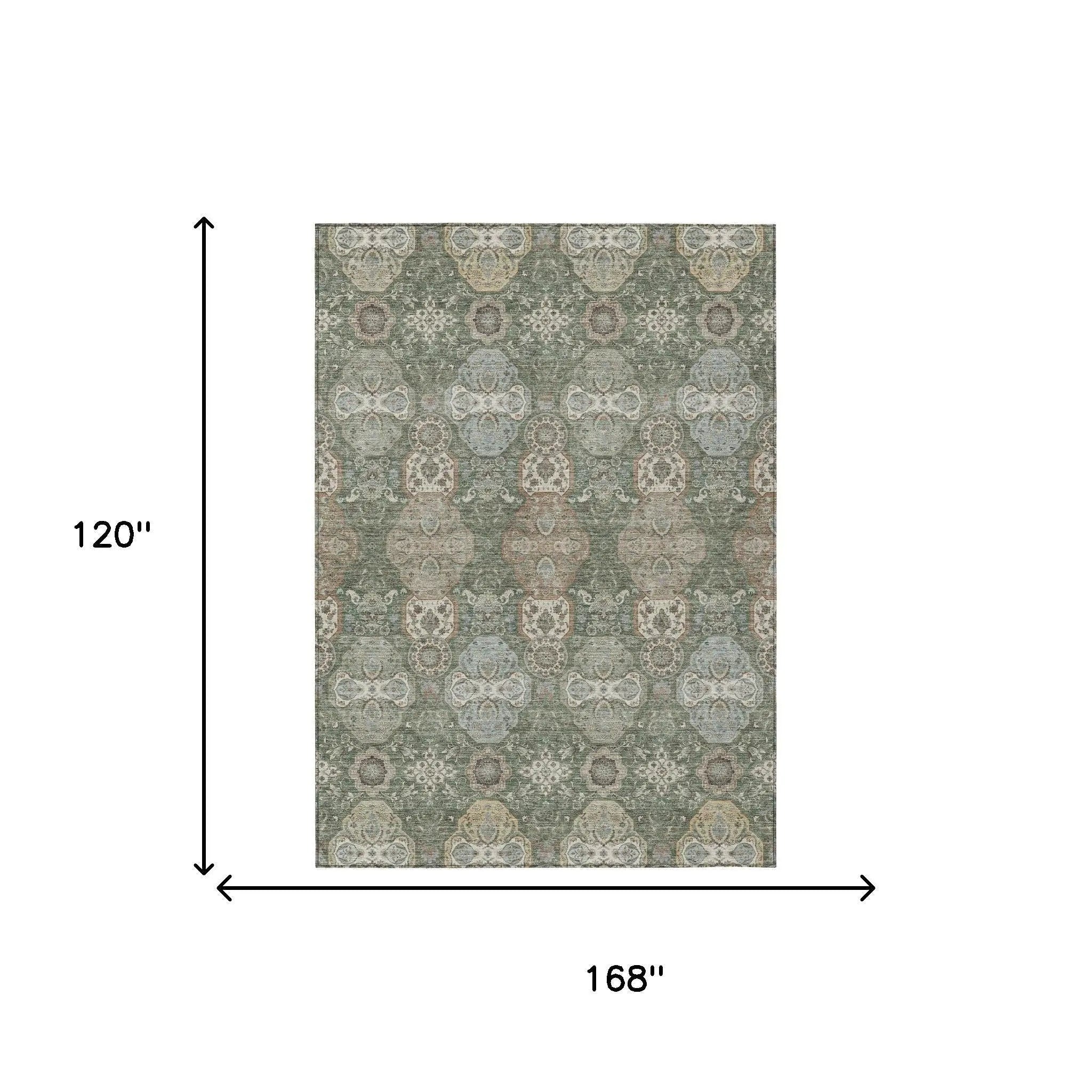 10' X 14' Green And Silver Floral Washable Indoor Outdoor Area Rug Homeroots Outdoor