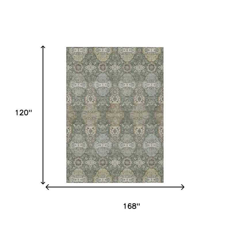 10' X 14' Green And Silver Floral Washable Indoor Outdoor Area Rug Homeroots Outdoor