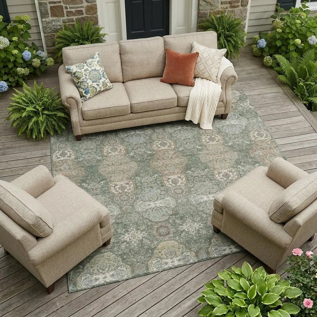 10' X 14' Green And Silver Floral Washable Indoor Outdoor Area Rug Homeroots Outdoor