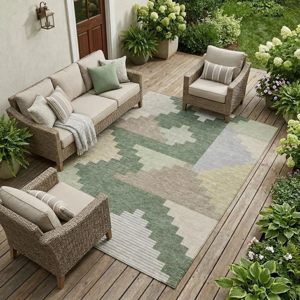10' X 14' Green And Silver Geometric Washable Indoor Outdoor Area Rug Homeroots Outdoor