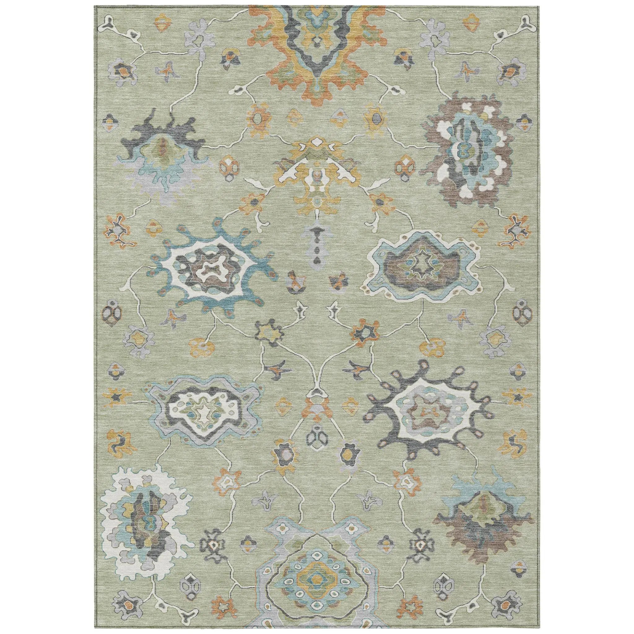10' X 14' Green And Silver Oriental Washable Indoor Outdoor Area Rug Homeroots Outdoor