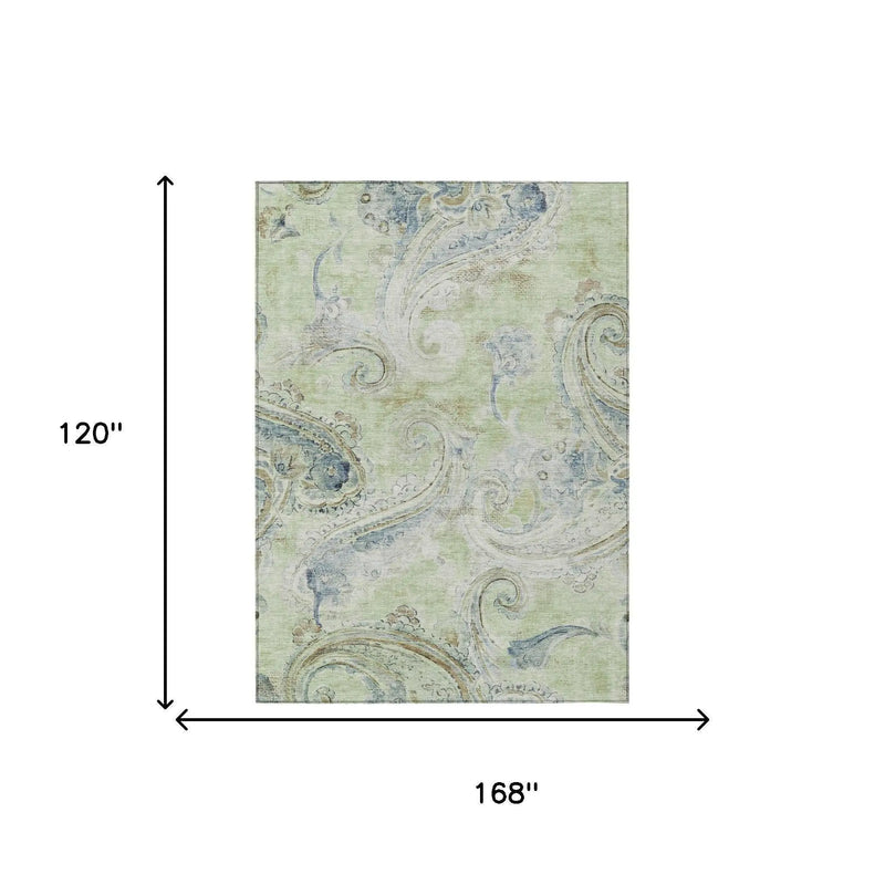 10' X 14' Green And Silver Paisley Washable Indoor Outdoor Area Rug Homeroots Outdoor
