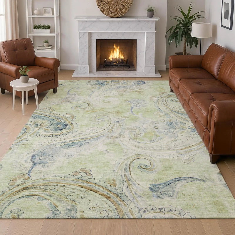 10' X 14' Green And Silver Paisley Washable Indoor Outdoor Area Rug Homeroots Outdoor