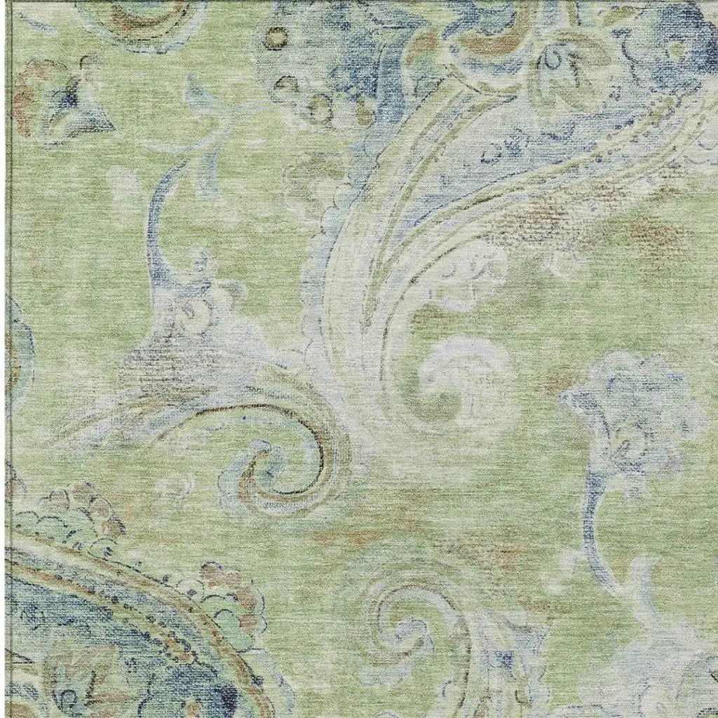 10' X 14' Green And Silver Paisley Washable Indoor Outdoor Area Rug Homeroots Outdoor