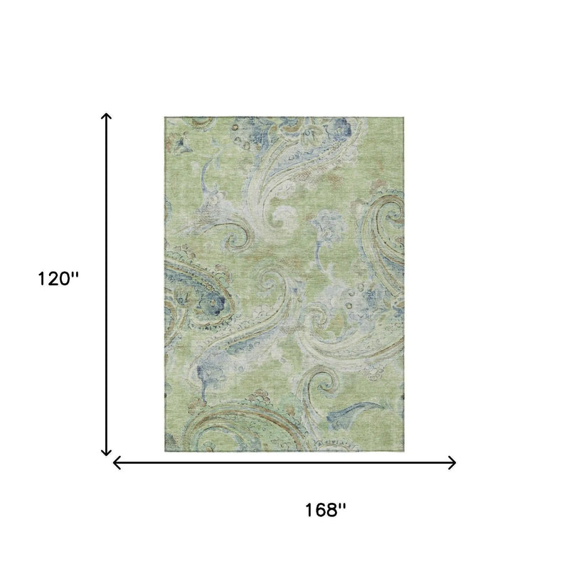 10' X 14' Green And Silver Paisley Washable Indoor Outdoor Area Rug Homeroots Outdoor