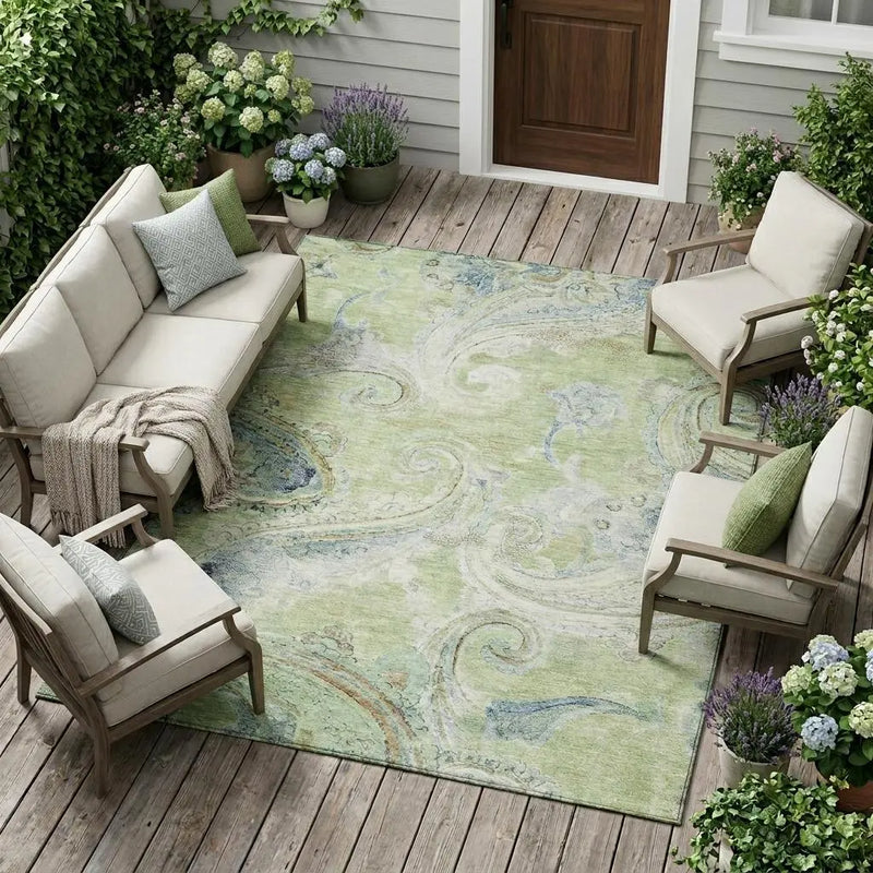 10' X 14' Green And Silver Paisley Washable Indoor Outdoor Area Rug Homeroots Outdoor