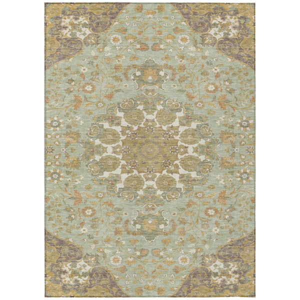 10' X 14' Green And Taupe Damask Washable Indoor Outdoor Area Rug Homeroots Outdoor
