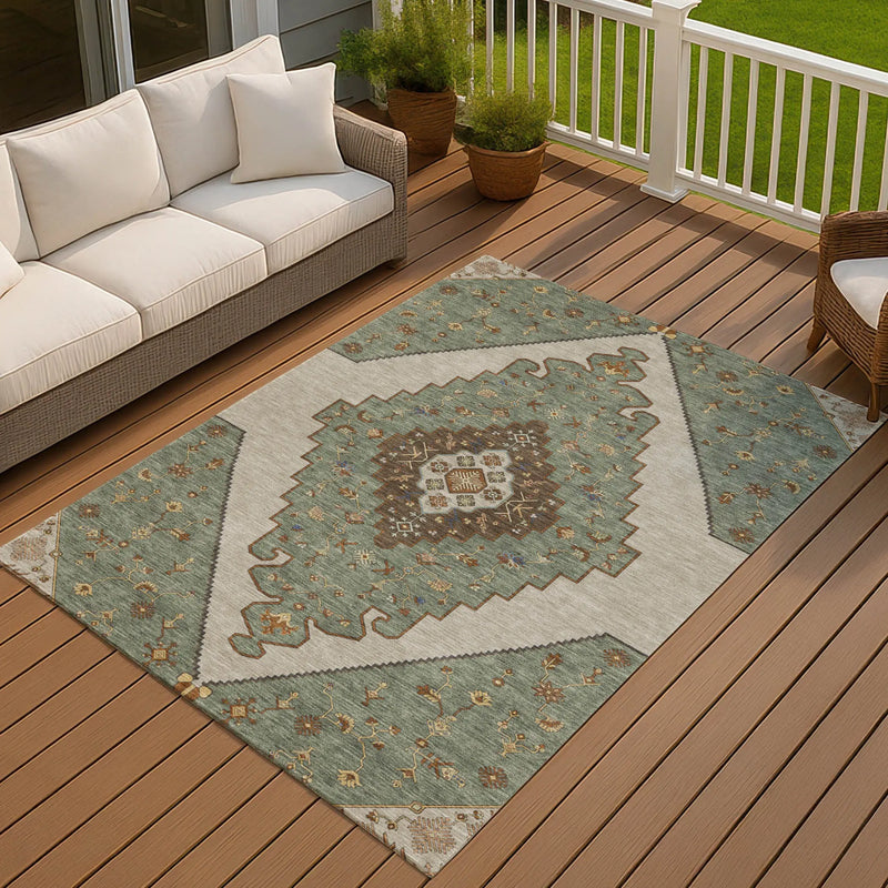 10' X 14' Green And Taupe Geometric Washable Indoor Outdoor Area Rug Homeroots Outdoor