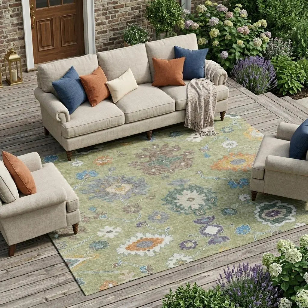 10' X 14' Green And Taupe Oriental Washable Indoor Outdoor Area Rug Homeroots Outdoor