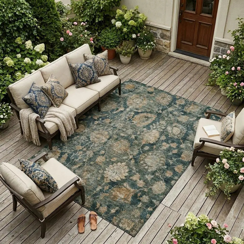 10' X 14' Green And Teal Blue Botanical Leaves Washable Indoor Outdoor Area Rug Homeroots Outdoor