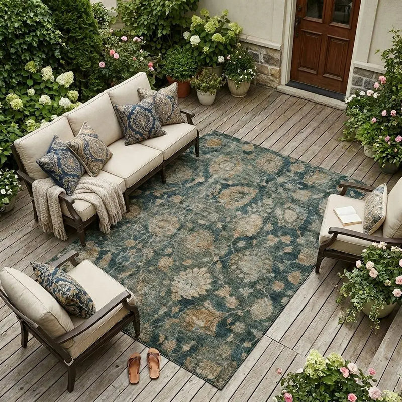 10' X 14' Green And Teal Blue Botanical Leaves Washable Indoor Outdoor Area Rug Homeroots Outdoor