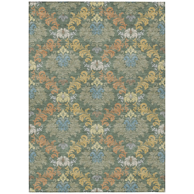 10' X 14' Green And Teal Blue Damask Washable Indoor Outdoor Area Rug Homeroots Outdoor