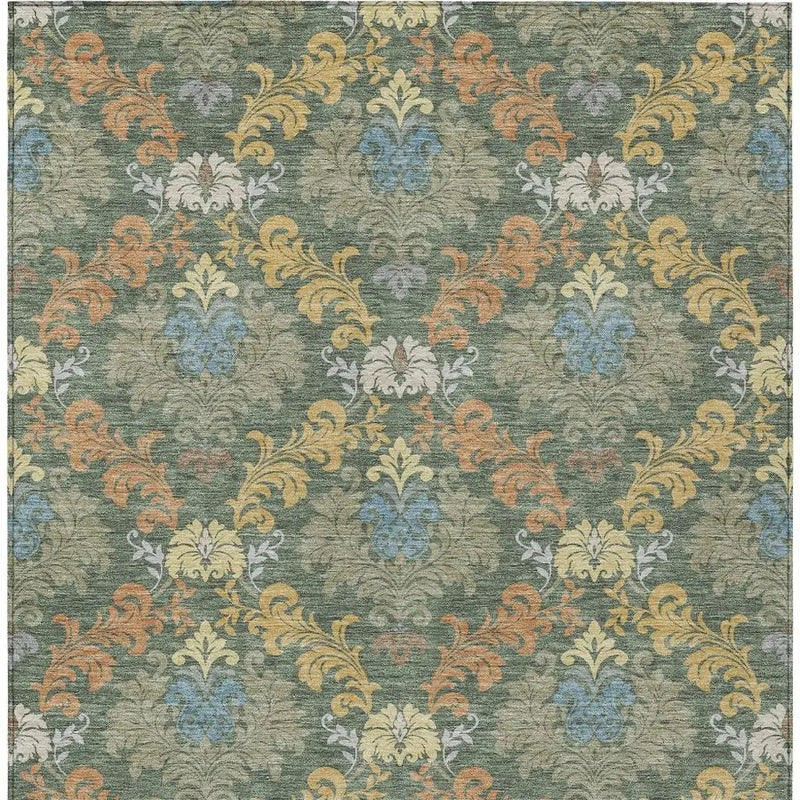 10' X 14' Green And Teal Blue Damask Washable Indoor Outdoor Area Rug Homeroots Outdoor