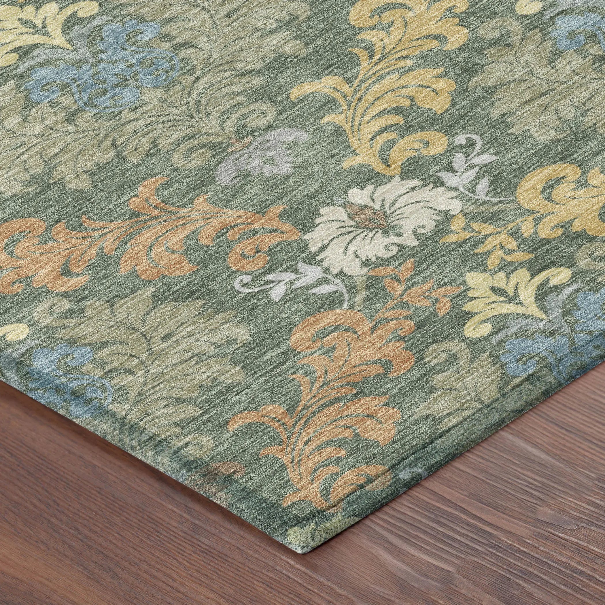 10' X 14' Green And Teal Blue Damask Washable Indoor Outdoor Area Rug Homeroots Outdoor
