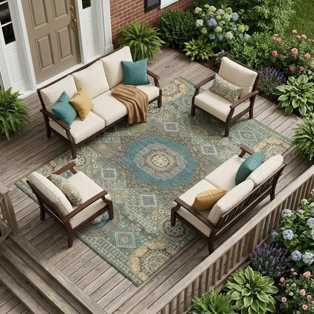 10' X 14' Green And Teal Blue Oriental Washable Indoor Outdoor Area Rug Homeroots Outdoor