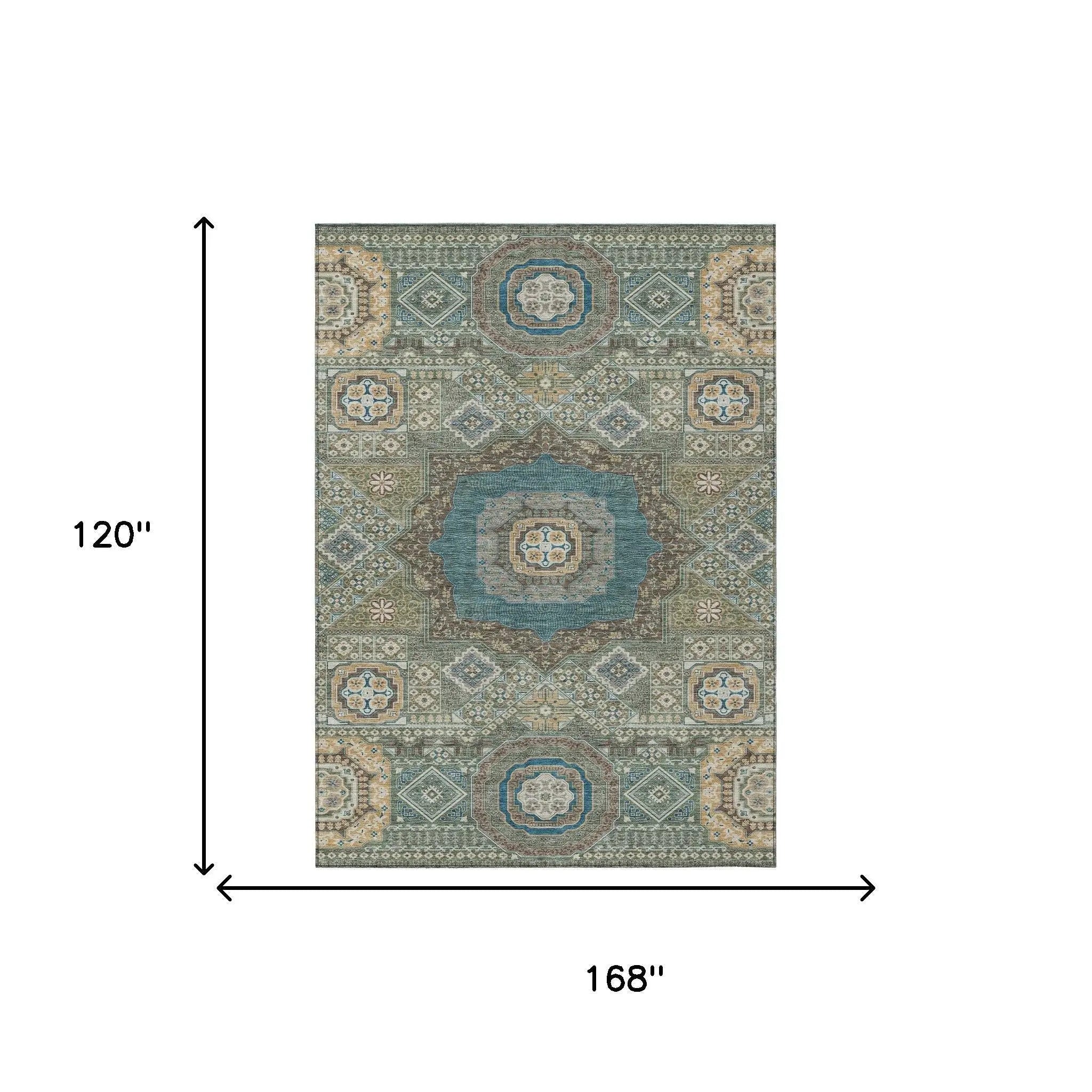 10' X 14' Green And Teal Blue Oriental Washable Indoor Outdoor Area Rug Homeroots Outdoor