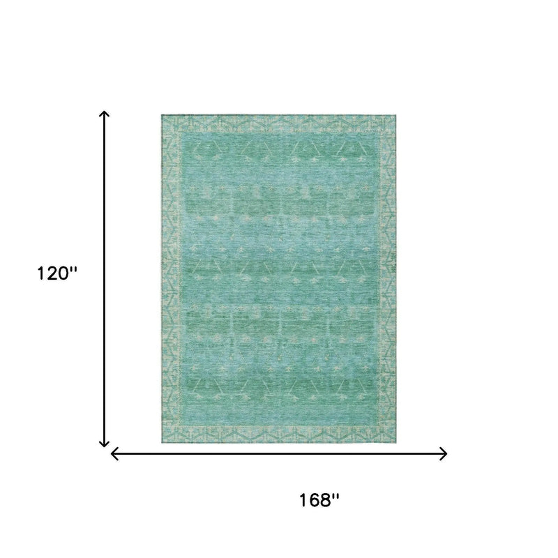 10' X 14' Green And Teal Blue Tribal Washable Indoor Outdoor Area Rug Homeroots Outdoor