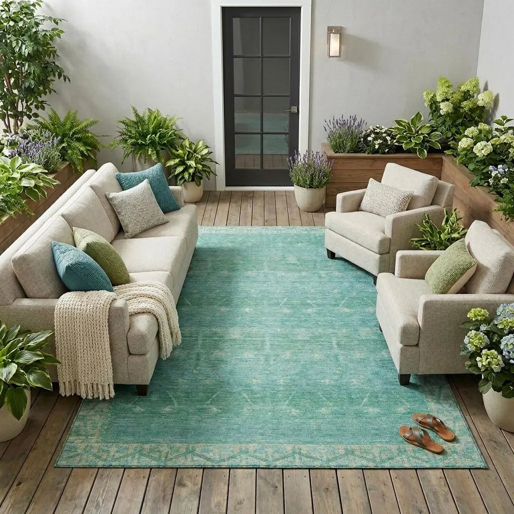 10' X 14' Green And Teal Blue Tribal Washable Indoor Outdoor Area Rug Homeroots Outdoor