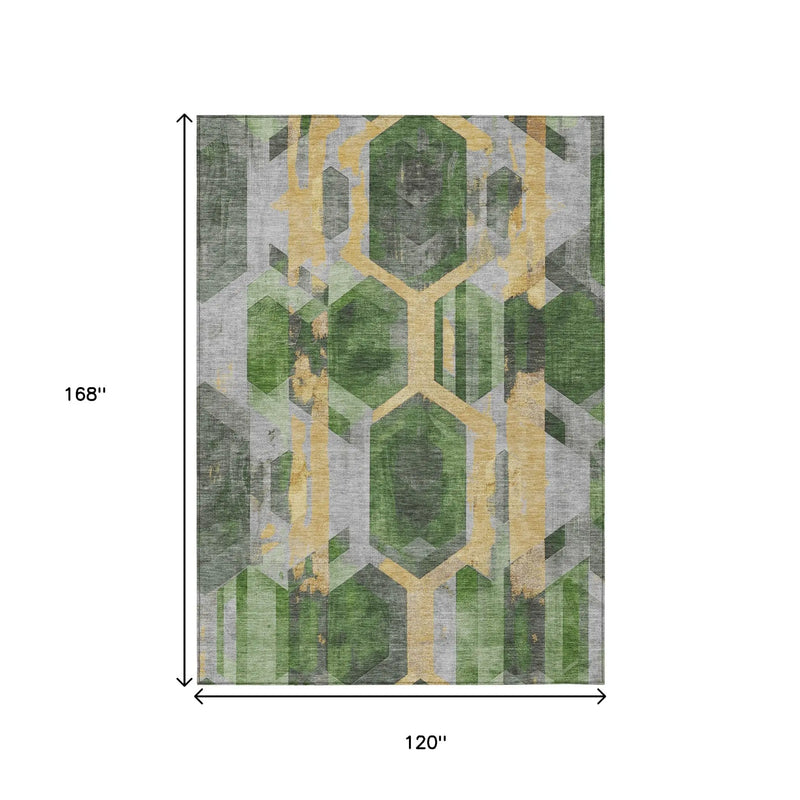 10' X 14' Green Gold And Silver Geometric Washable Indoor Outdoor Area Rug Homeroots Outdoor