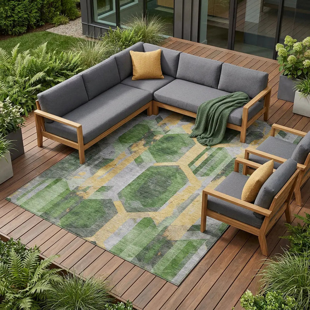 10' X 14' Green Gold And Silver Geometric Washable Indoor Outdoor Area Rug Homeroots Outdoor