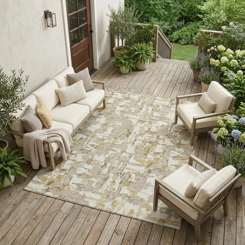 10' X 14' Ivory And Beige Abstract Washable Indoor Outdoor Area Rug Homeroots Outdoor