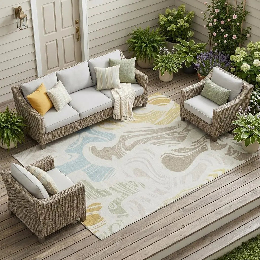 10' X 14' Ivory And Beige Abstract Washable Indoor Outdoor Area Rug Homeroots Outdoor